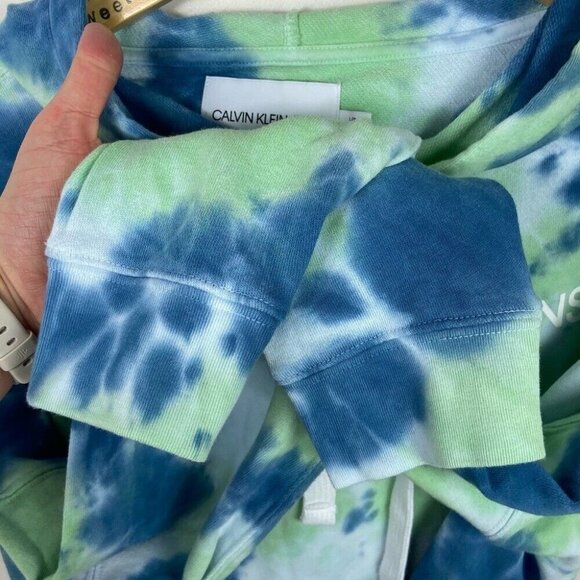 Calvin Klein Tie Dye Hoodie Size Large Blue Green Hooded Sweatshirt Cotton Crop - Picture 12 of 12